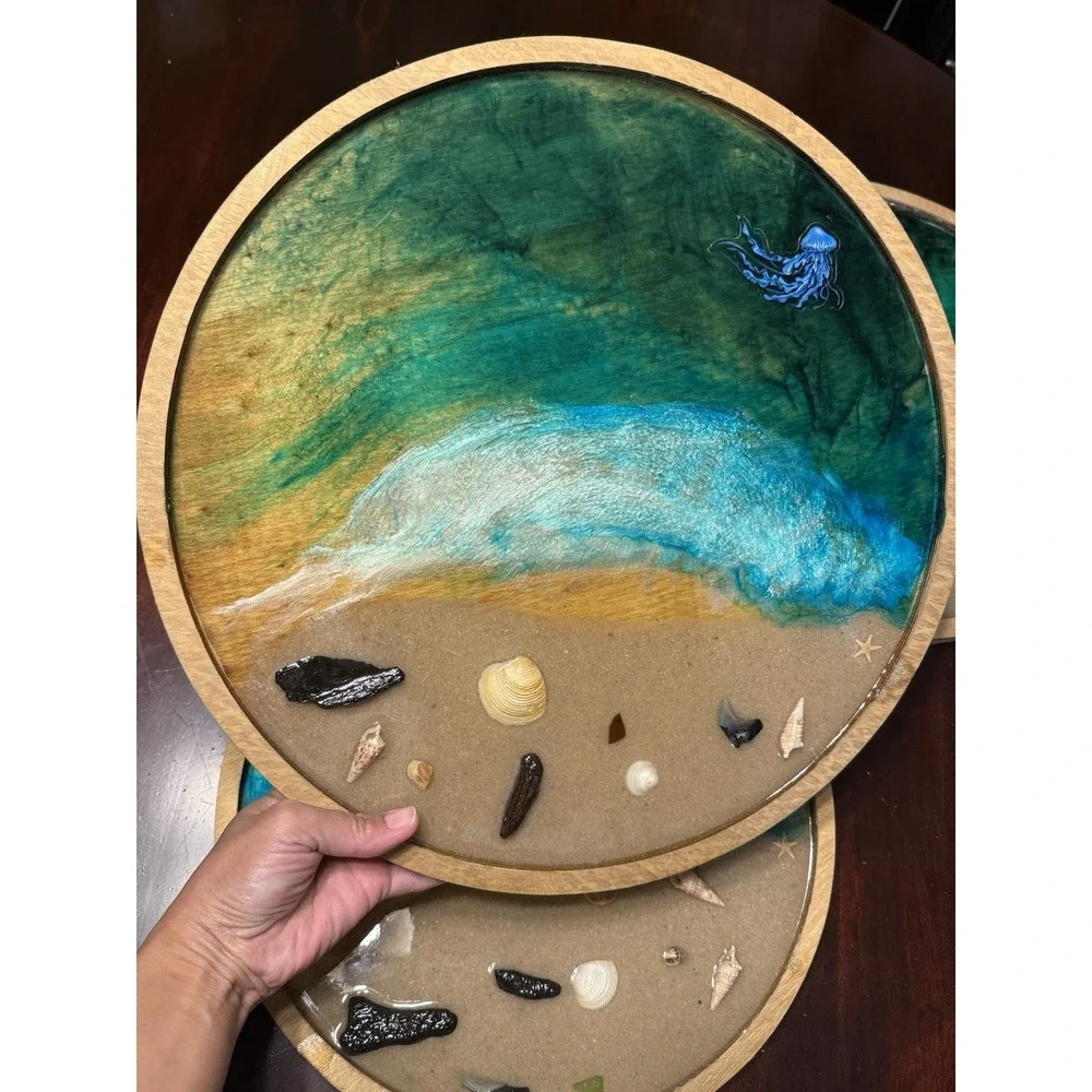 Handmade Resin Beach Tray Ocean Vibes ‎ Epoxy Art   Decor Lot Of 3